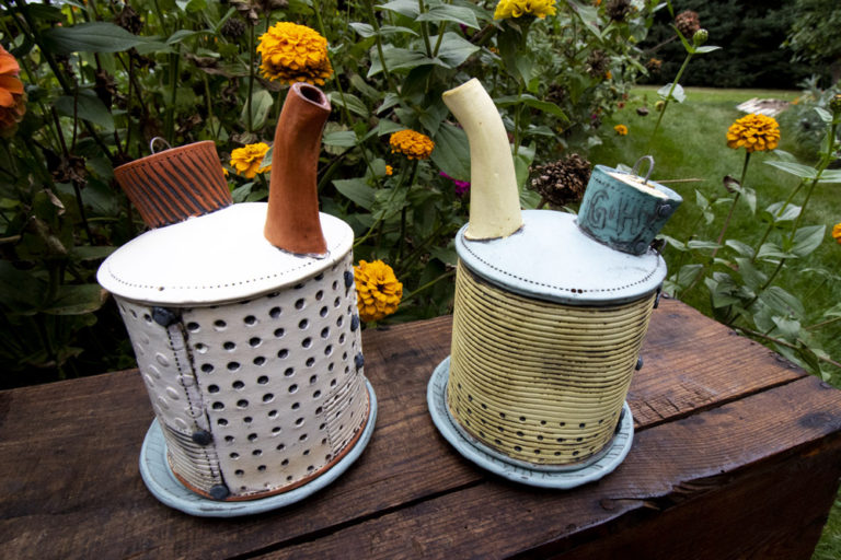 Two handmade pottery teapots sit on a dark brown wooden bench in front of a clump of yellow wildflowers. One teapot is white and orange, and the other is yellow and light blue. Both are made by Ann Ohotto Thompson for County 8 pottery.